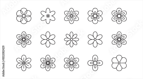 Simple outline flower pack showcasing multiple petal styles in clean linear form, perfect for nature illustrations, decorative motifs, and graphic projects.