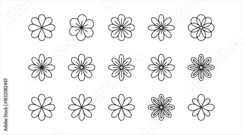 Minimal line-art flower icon collection featuring various daisy-inspired blossoms with unique petal arrangements for botanical and decorative design use.