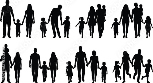 Family people vector silhouettes collection, set of various parents and children walking and standing together, holding hands, perfect for social, love, and community design.