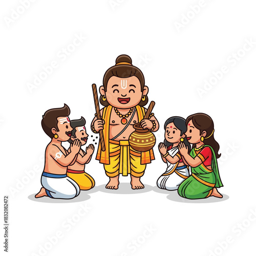Charming cartoon illustration of Lord Rama with devotees in traditional attire offering prayers perfect for kids' stories and educational content