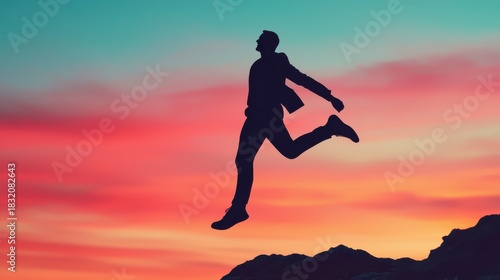 Wallpaper Mural A silhouetted figure leaps against a vibrant sunset sky, embodying freedom and adventure in a moment of exhilaration. Torontodigital.ca
