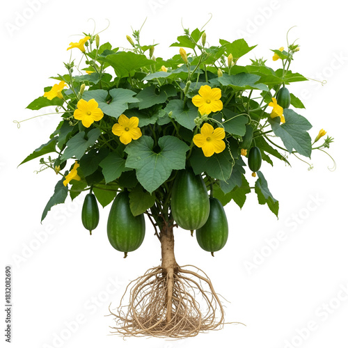 Himalayan gourd mature plant with roots yellow flowers and fruits