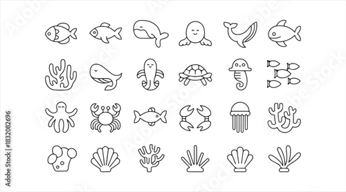 Thin-line ocean creatures icon set including aquatic animals, coral reef plants, shells, and underwater elements for marine-themed illustrations.