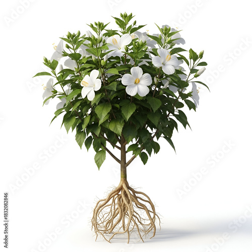 Japa flower mature plant with white flowers isolated