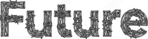 Future word text design concept made of sharp metallic barbed wire fence symbol of dystopian destiny and dangerous challenges ahead in industrial grunge steel style.