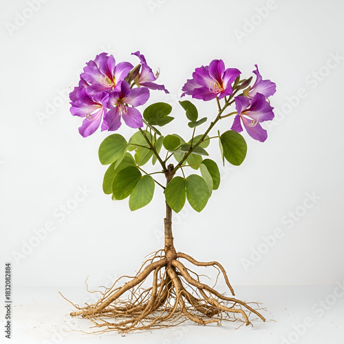 Kachnar root mature plant with purple bell flowers isolated