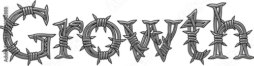 Growth word concept design made of twisted grey barbed wire with sharp steel spikes.