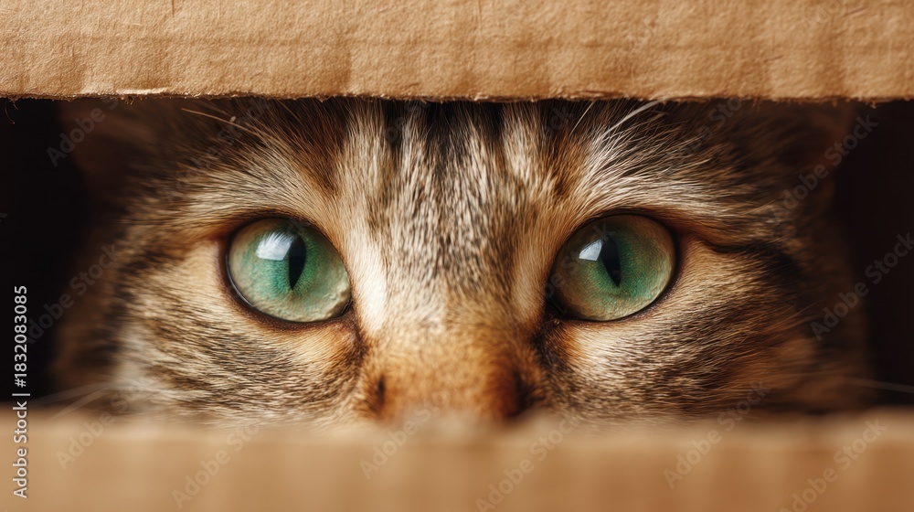 Naklejka premium Domestic cat with striking green eyes peeking from inside a cardboard box. Curiosity and playful hiding behavior of a pet animal.