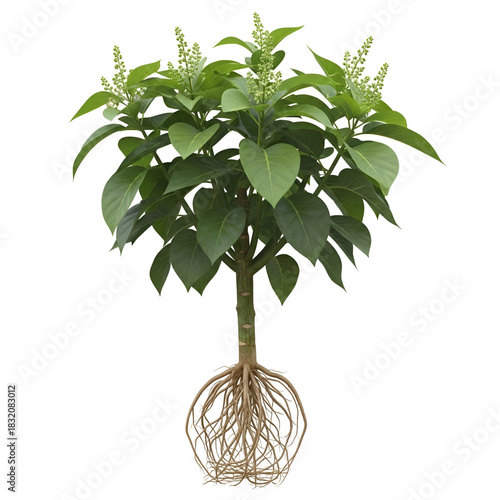 Kavakava mature plant with roots and greenish-white flowers