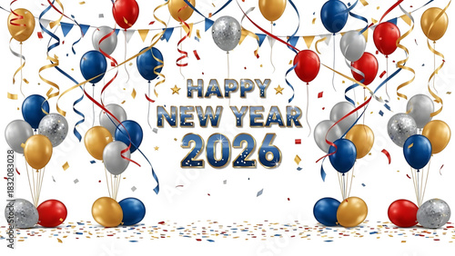 Festive Happy New Year 2026 Celebration with Balloons and Confetti