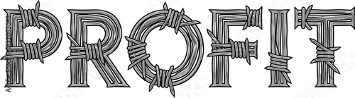 Profit word typography design created with metallic barbed wire and rough industrial texture.