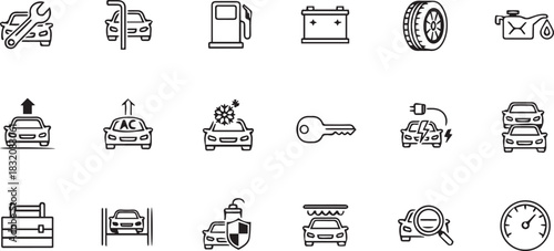 Clean Vector Line Icons Set for Car Service, Automotive Repair, and Vehicle Maintenance