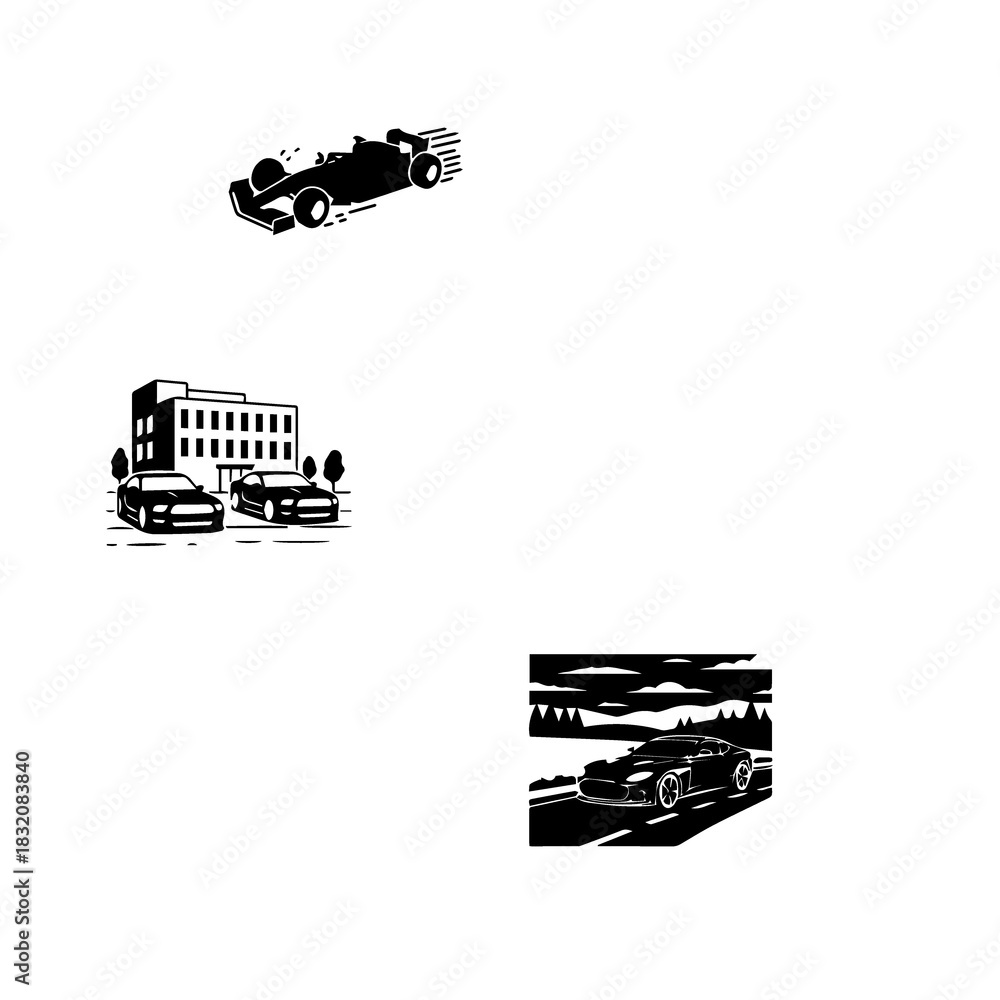 Naklejka premium F1 Race Car, City Sports Cars, and Scenic Mountain Drive