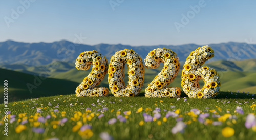 Fototapeta Naklejka Na Ścianę i Meble -  Blooming 2026 numbers crafted from vibrant sunflowers and daisies, standing on a fresh green meadow under a clear blue sky.