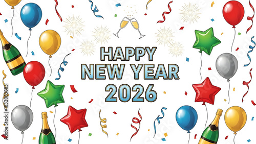 Happy New Year 2026 Celebration with Festive Balloons and Confetti