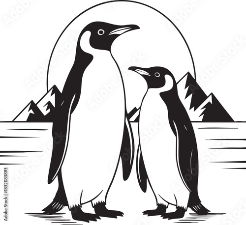 Two black and white emperor penguins in an antarctic landscape Vector