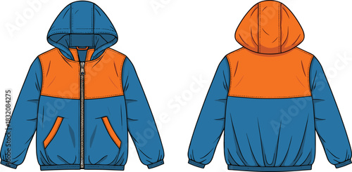 Children’s hooded jacket technical fashion sketch, front and back view, color block design, garment flat drawing, apparel template, vector