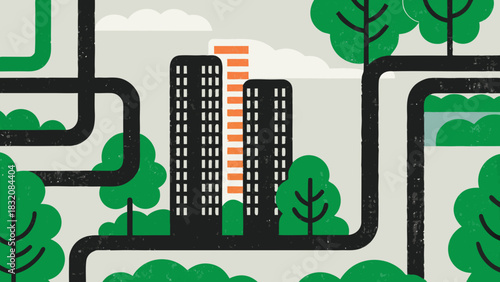 Isometric Hand Drawn "Symbiotic Cityscape" Illustration: Tree Skyscrapers with Elevators and Monorails carried by Giant Mechanical Tortoises