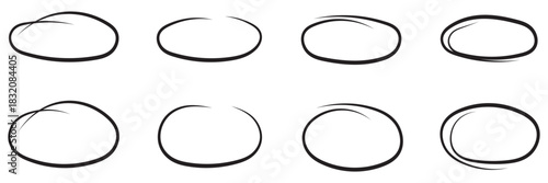 Black circle highlight, pen ovals doodle. Marker ellipses frames in sketch style. Hand drawn vector illustration isolated on white background