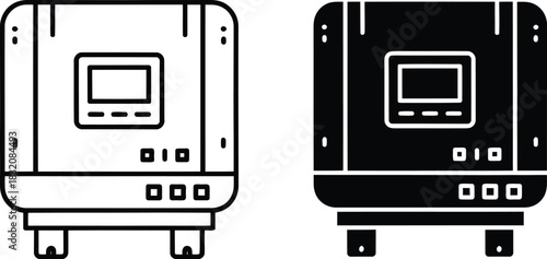 Vactor Black and white line art and silhouette of a solar inverter with screen and buttons