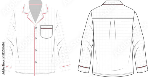 Sleepwear button-up shirt technical fashion sketch, front and back view, garment flat drawing, apparel template, clothing illustration, vector