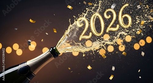 Champagne bottle spraying bubbly liquid with the year 2026 illuminated in gold
