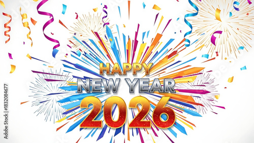 Vibrant Happy New Year 2026 Celebration with Colorful Confetti Background