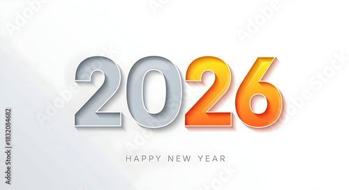 Happy new year 2026 celebration greeting card design with modern gradient numbers and festive typography on a clean white background.