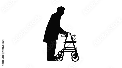 Silhouette of elderly person using walker against white background