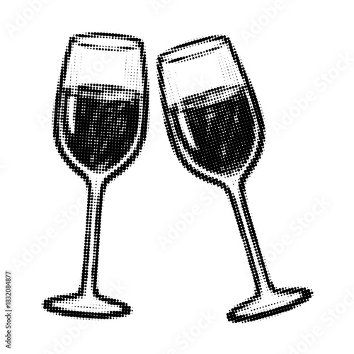 Vintage halftone illustration of two clinking champagne glasses. Retro festive design for celebration and holiday projects.