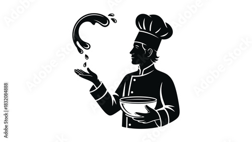 Chef in silhouette holding bowl with liquid splash above hand vector