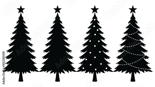Four christmas tree silhouettes with stars and different decorations