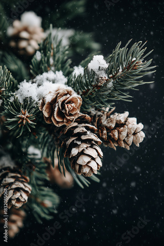 Close-up view of snow-dusted pine branches in a winter forest, featuring clusters of tan pine cones nestled among vibrant green needles, soft white snowflakes gently falling against a dark