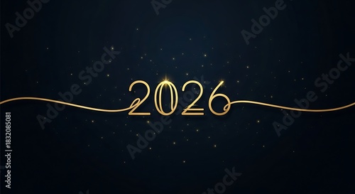 Elegant golden 2026 text with a flowing line and subtle sparkles on a dark background
