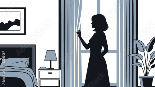 Silhouette of woman opening curtains in bedroom with bed and plant near