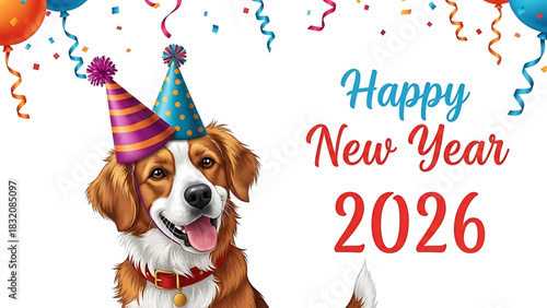 Happy New Year 2026 greeting featuring a cheerful dog with party hats.
