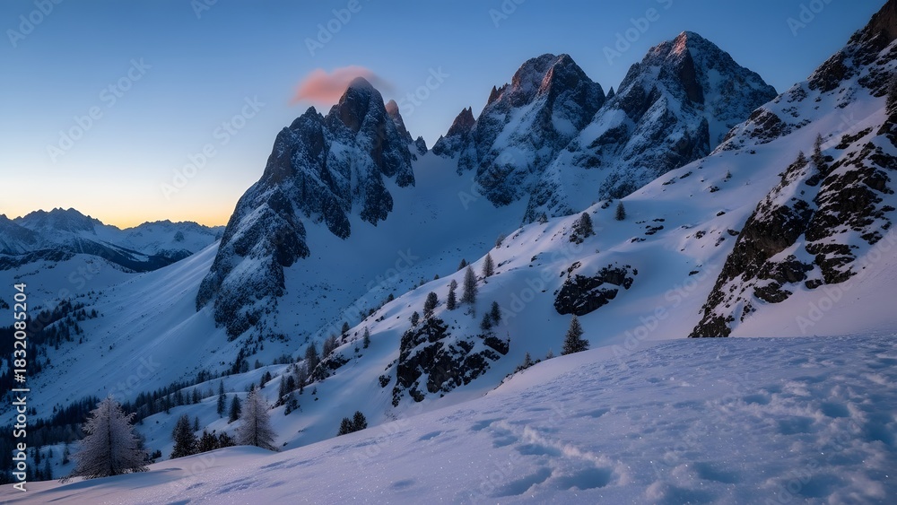 Fototapeta premium Snowy Mountain Range Landscape During Winter Sunset
