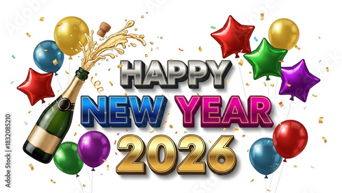 Celebrating New Year 2026 with Champagne and Balloons on a White Backdrop