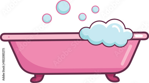 Pink bathtub filled with bubbly water and floating bubbles