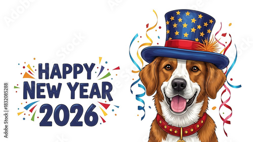 Cheerful Dog Celebrates New Year 2026 Wearing Party Hat and Collar