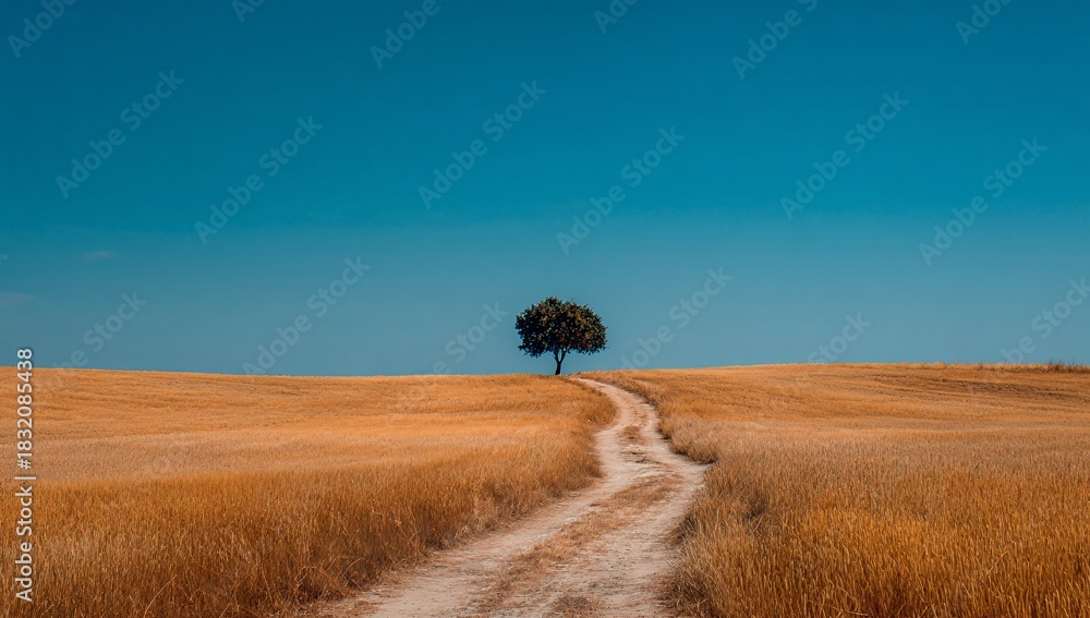 Fototapeta premium Golden field, lone tree, vast blue sky