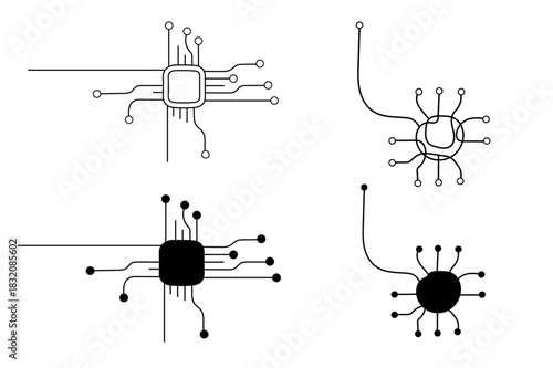Minimalist Black and White Microchip and Neural Circuit Vector Icons