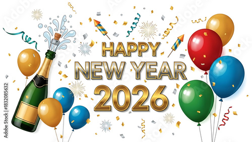 Festive New Year 2026 Celebration with Balloons, Champagne, and Confetti