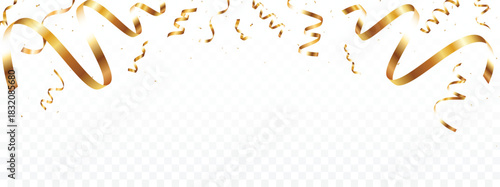 Falling Gold confetti, streamers and ribbons background, Shiny golden paper pieces fly