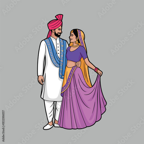 Traditional Indian Bride and Groom in Cultural Attire – Stylized Vector Illustration