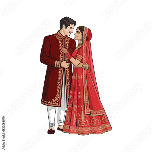 Traditional Indian Wedding Couple in Red Bridal Attire – Vector Illustration