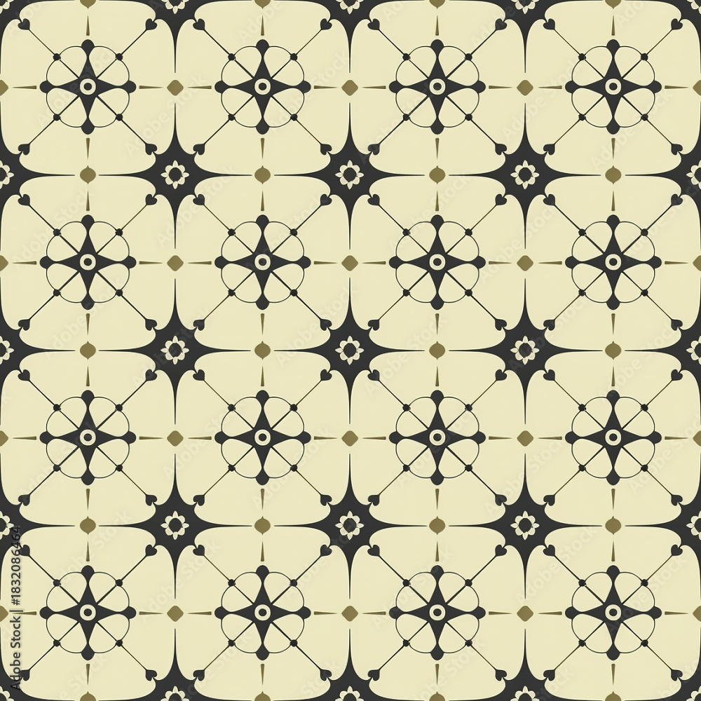 Fototapeta premium Geometric pattern with repeating star-like motifs in black and beige tones