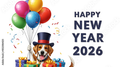 Cheerful Dog Celebrating New Year 2026 with Balloons and Gifts