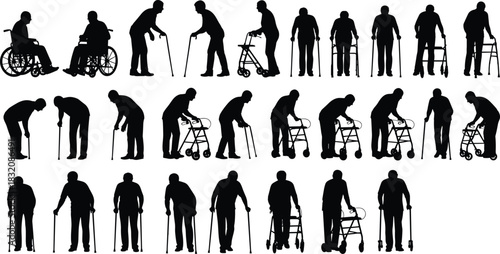 Mobility assistance silhouettes, elderly support, walking aids, wheelchair users, cane and walker usage, physical aid icons, black figures, flat vector