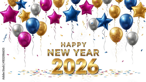 Celebratory Happy New Year 2026 greeting with festive balloons and confetti